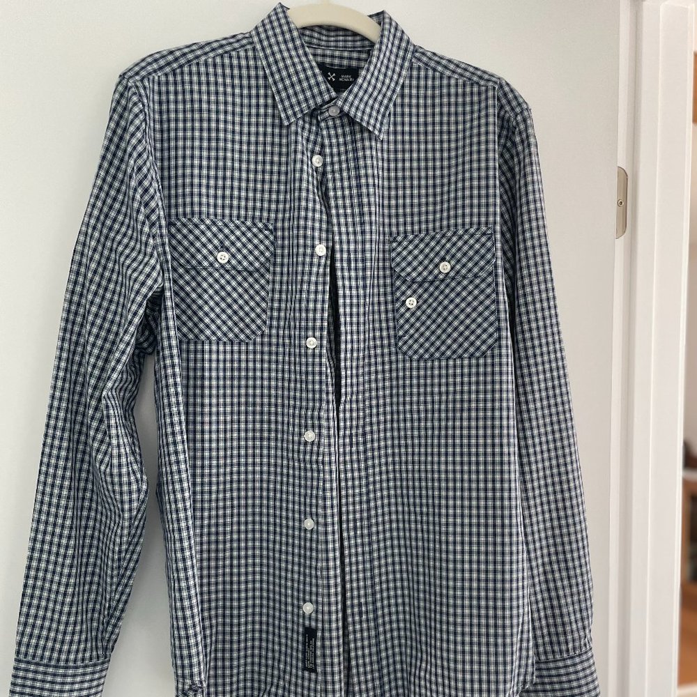Five Four Mark McNairy Long, Sleeve Button Up Shirt in Navy and White Check, M